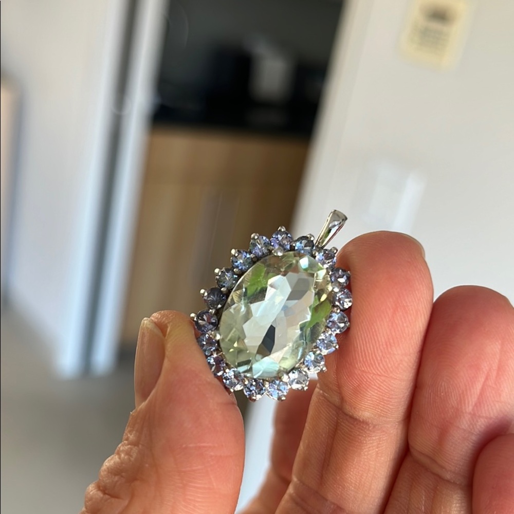 Large gem pendant green amethyst with blue iolite  Sterling